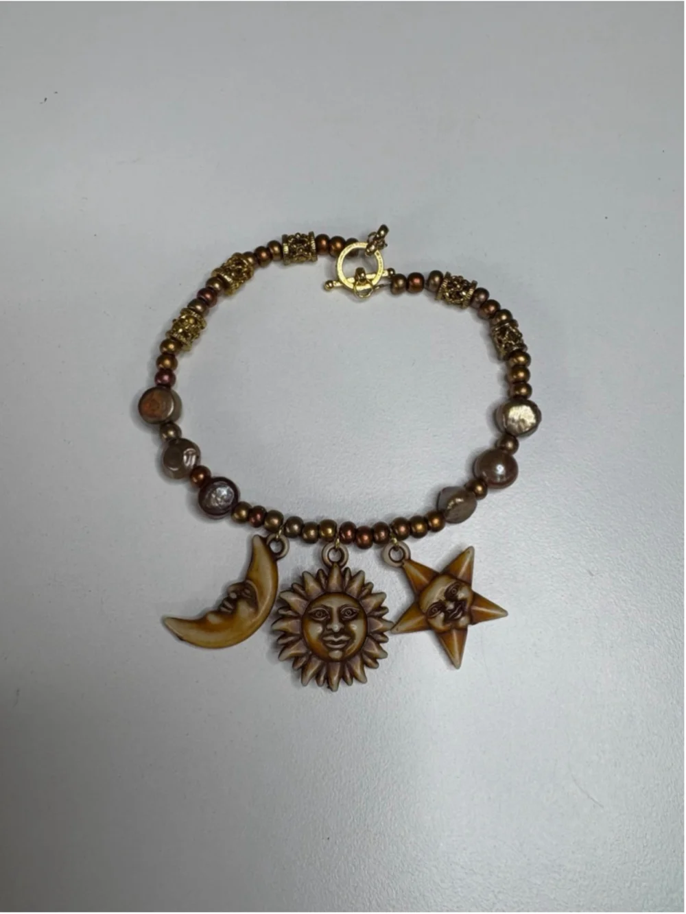 Handmade Sun Moon Star Beaded Clasp Bracelet 7.5” Earth Tones